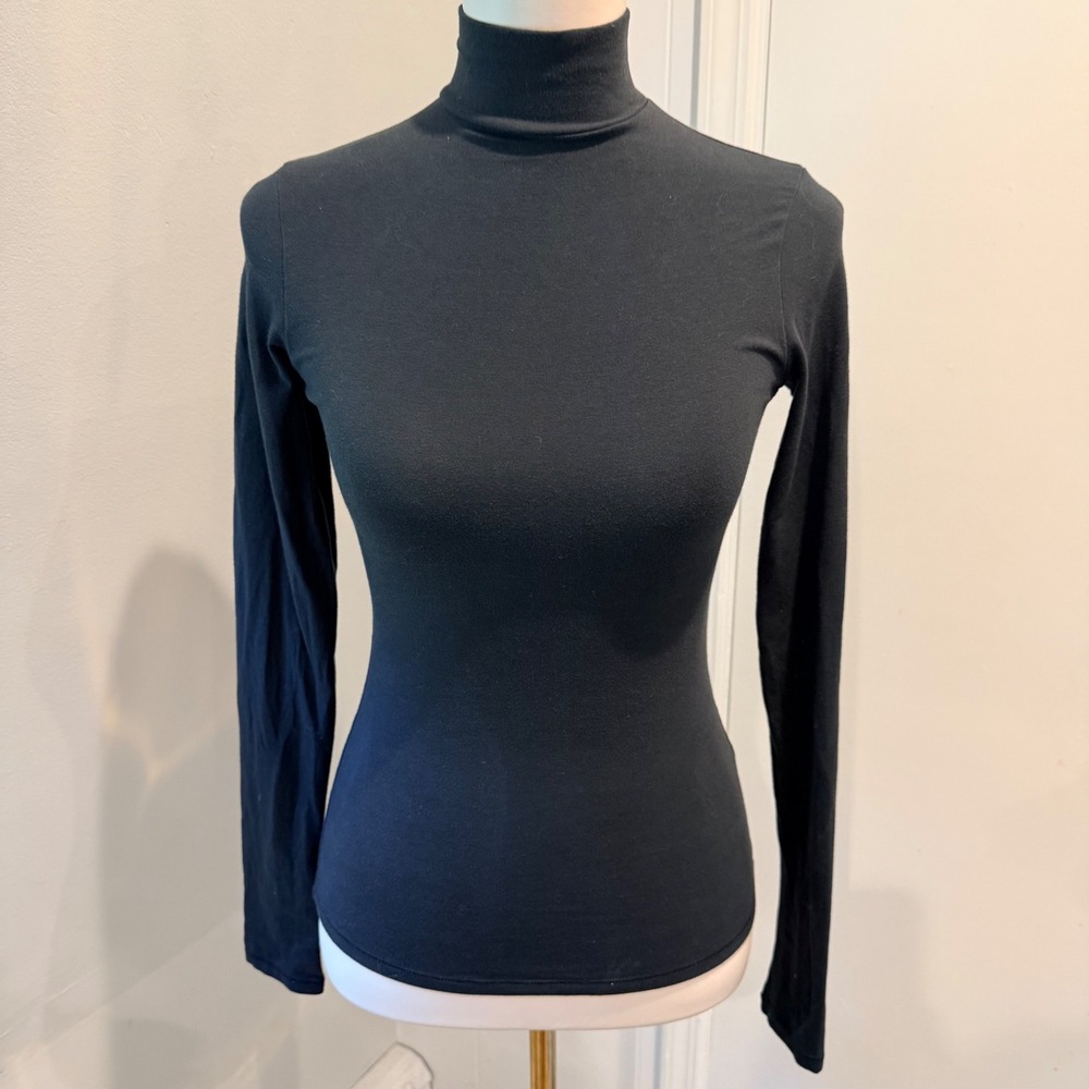 Black Mock Neck Long Sleeve Top Back Zip Closure | Size XS